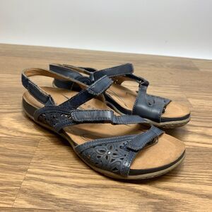 Earth Maui Womens 7B Indigo Blue Leather Slingback Sandals Floral Cutout Adjust